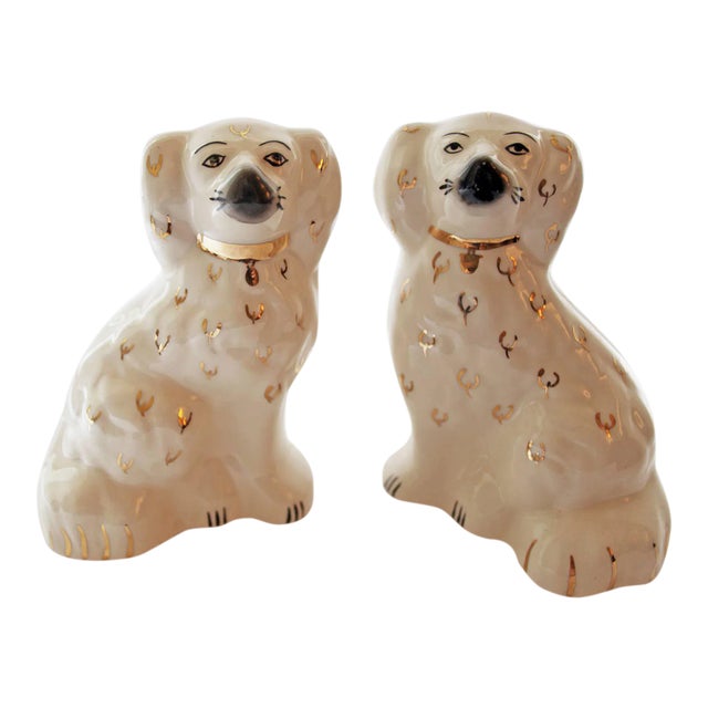 Staffordshire Style Spaniels - Vintage White Glazed Ceramic With Gold Accents - A Pair For Sale