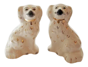 Staffordshire Style Spaniels - Vintage White Glazed Ceramic With Gold Accents - A Pair