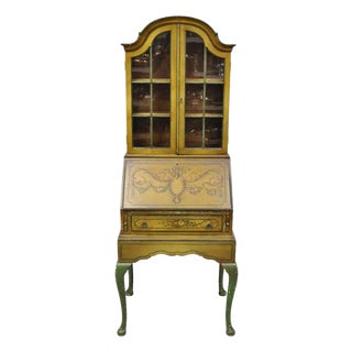 Antique English Adams Style Distress Hand Painted Narrow Secretary Writing Desk For Sale
