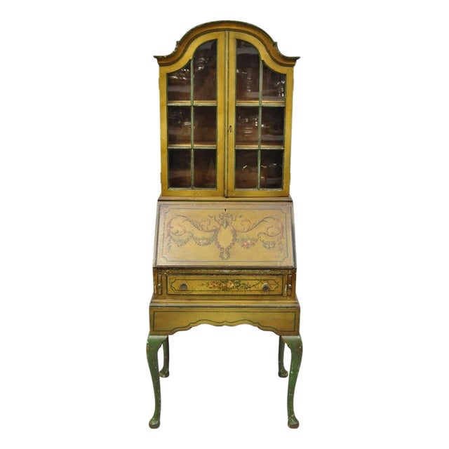 Antique English Adams Style Distress Hand Painted Narrow Secretary Writing Desk For Sale
