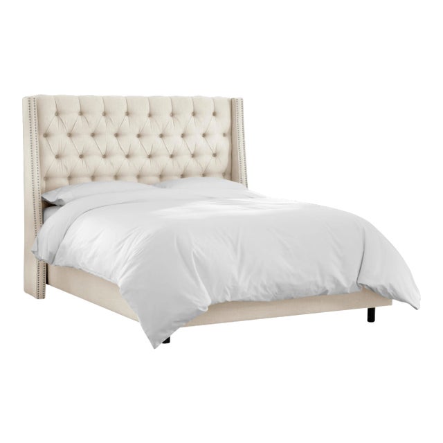 Ivy Tufted Wingback Bed in Talc Classic Linen, King For Sale