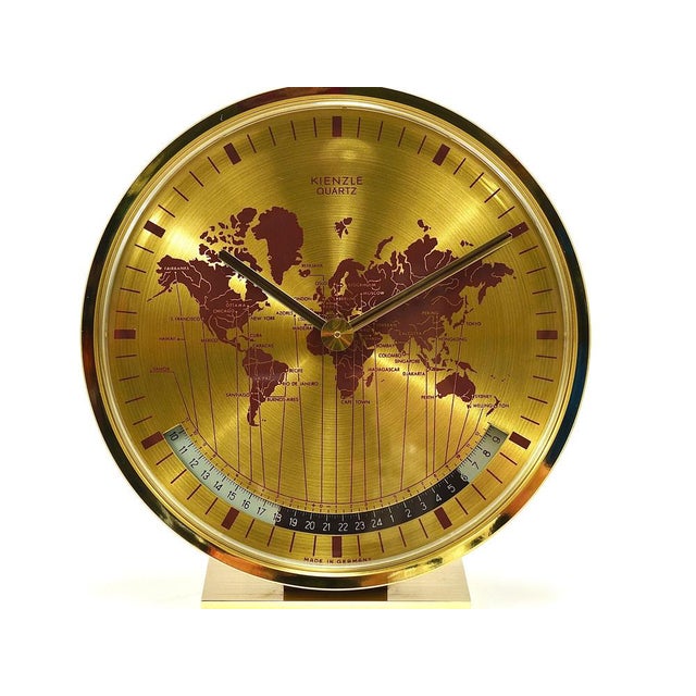 Gold Mid-Century GMT World Time Zone Brass Table Clock, Germany attributed to Wilhelm Kienzle, 1960s For Sale - Image 8 of 17