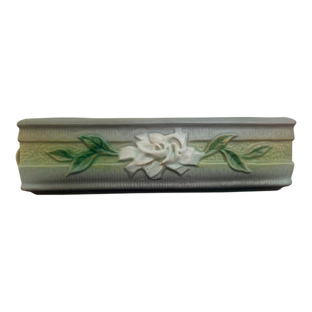 Vintage Roseville Pottery “Gardenia” Window Box Planter, Green, Shape 668-8 For Sale
