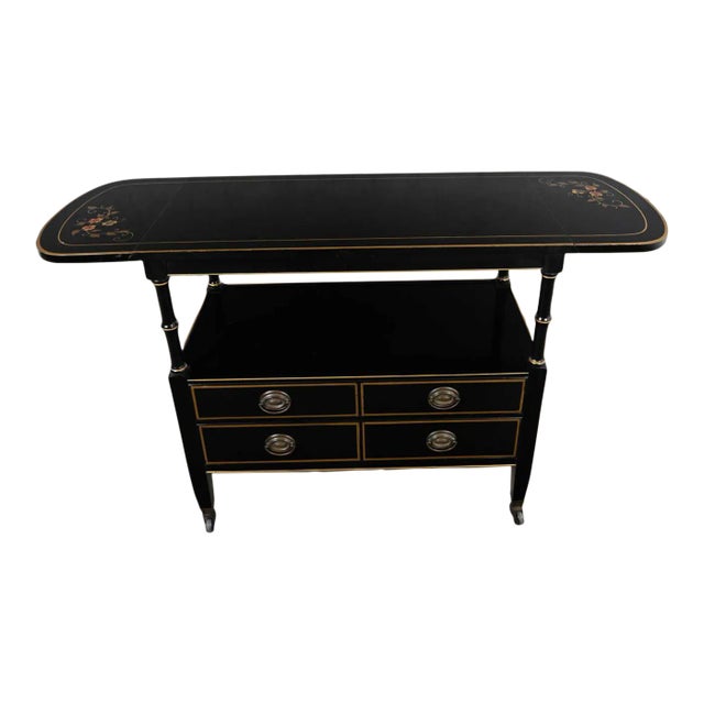 Mid-20th Century Regency Style Drexel Black & Gold Drop Leaf Rolling Server Dry Bar Beverage Cart For Sale