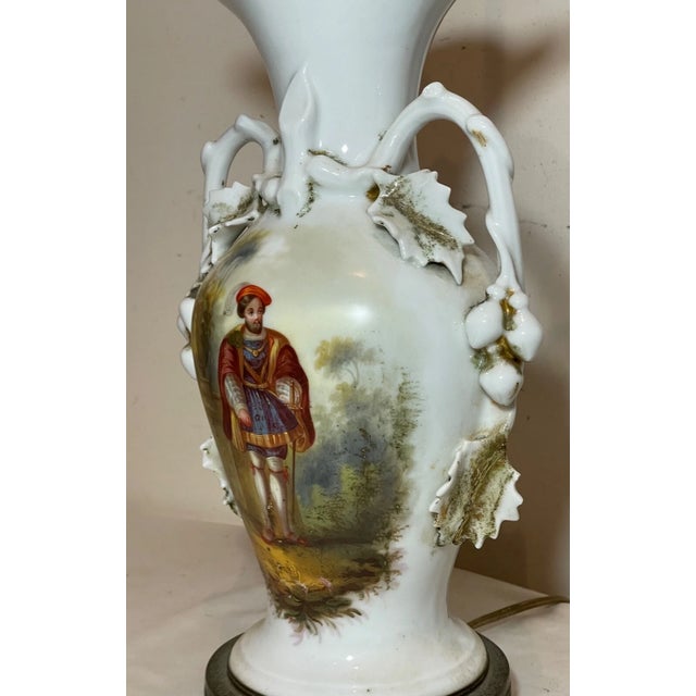 Antique 1800's Hand Painted Figural Porcelain Brass French Electrified Vase Lamp For Sale - Image 4 of 11