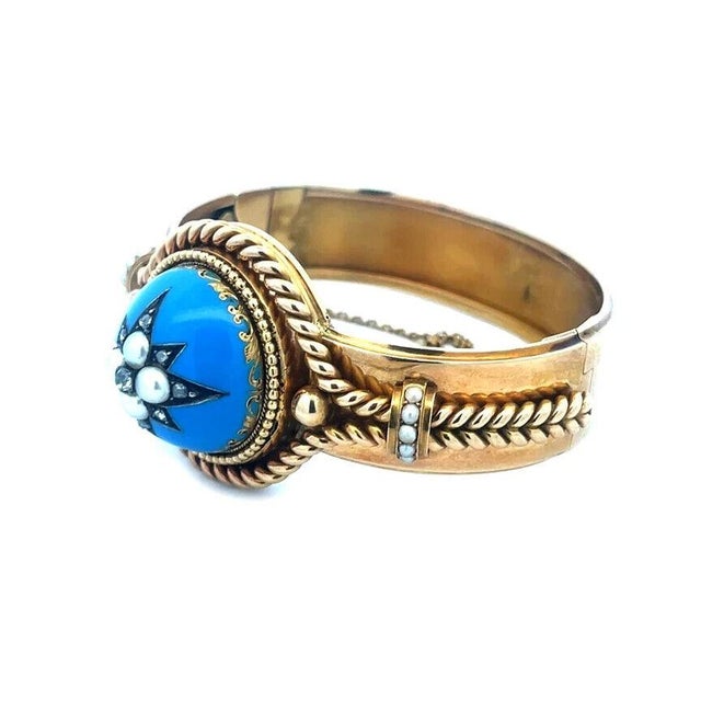 Victorian Diamond Enamel Gold Bracelet Starburst Dome Center Pearls For Sale - Image 4 of 8