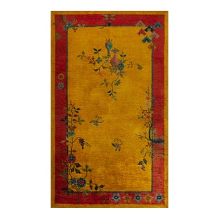 1920s Goldenrod Vase Floral Antique Chinese Art Deco Carpet 4' X 6'10" Handknotted Wool Rug For Sale