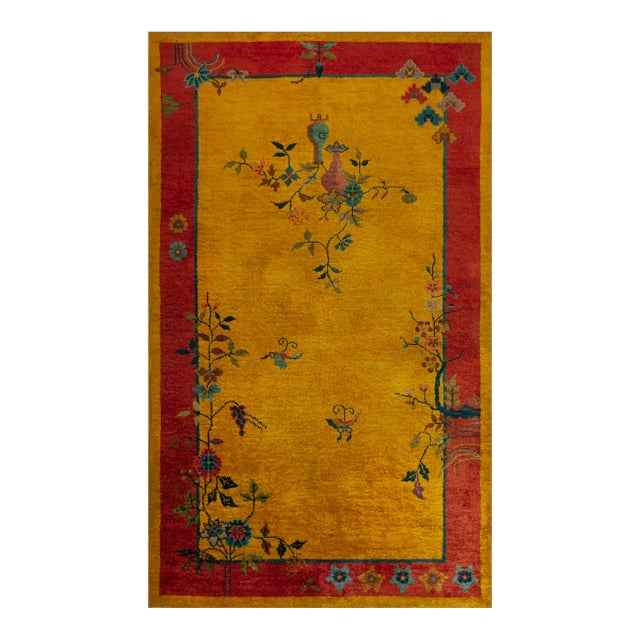 1920s Goldenrod Vase Floral Antique Chinese Art Deco Carpet 4' X 6'10" Handknotted Wool Rug For Sale