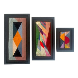 Vintage Mid Century Modernist Abstract Custom Framed Needlepoint Textile Art - Set of 3 For Sale