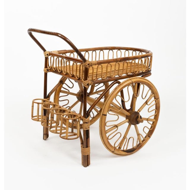 Midcentury French Riviera Serving Bar Cart in Bamboo and Rattan, Italy, 1950s For Sale - Image 6 of 18