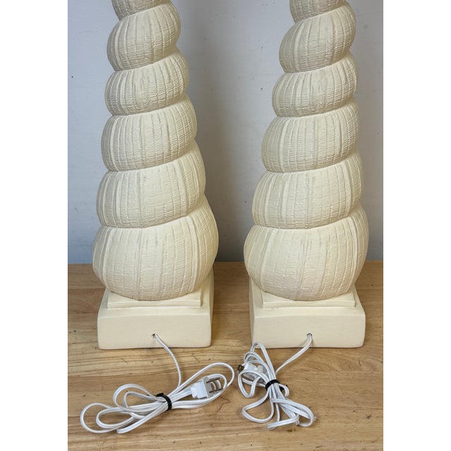 1980s Hollywood Regency Spiral Seashell Form Plaster Table Lamps - a Pair For Sale - Image 12 of 15