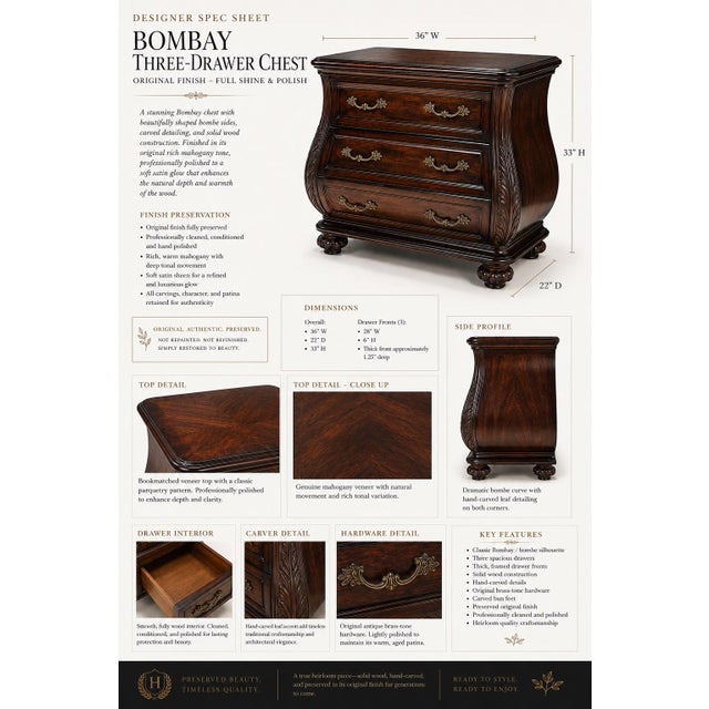 Vintage Bombay Mahogany Bombe Chest / Transitional Entryway Cabinet With Carved Leaf Details & Original Finish For Sale - Image 4 of 6