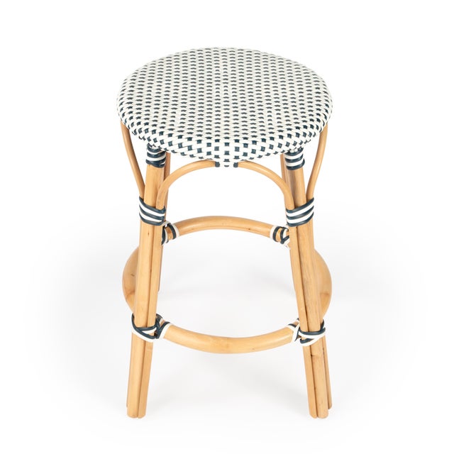 Spritely Home Accent Furniture Tobias 24 in. Seat Height Round Rattan Backless Counter Stool, White/Navy Dot / Natural Rattan Frame For Sale - Image 4 of 8