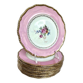 Mid-20th Century Royal Doulton Pink & Gold Scalloped Dinner Plates - Set of 12 For Sale