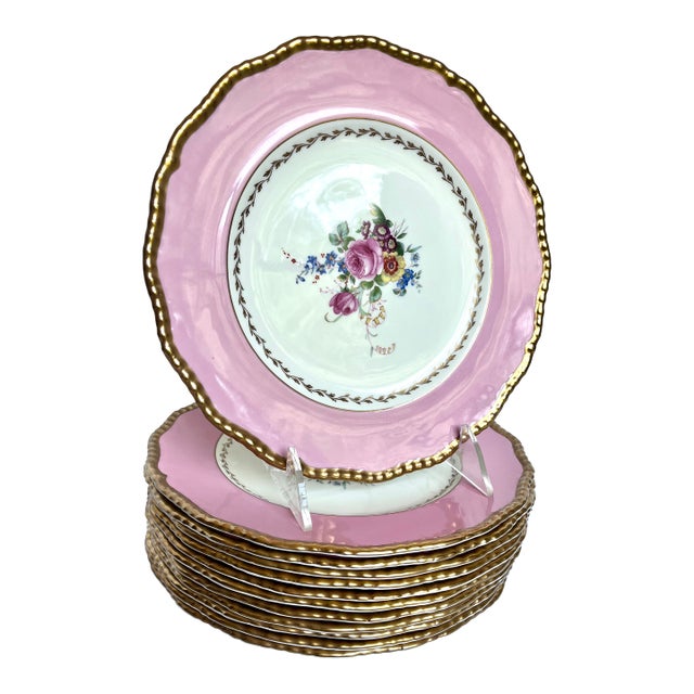 Mid-20th Century Royal Doulton Pink & Gold Scalloped Dinner Plates - Set of 12 For Sale