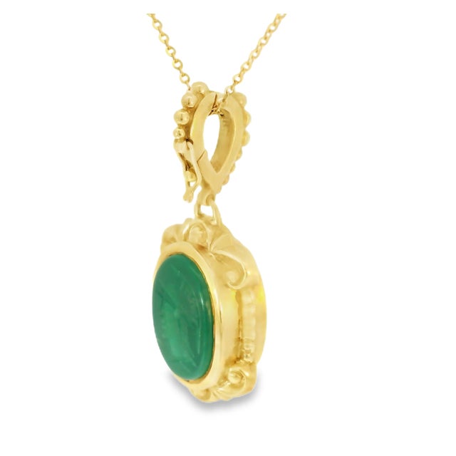 18K Yellow Gold Etruscan Intaglio Onyx & Green Agate Pendant Enhancer Slide. This exquisite estate piece features two...