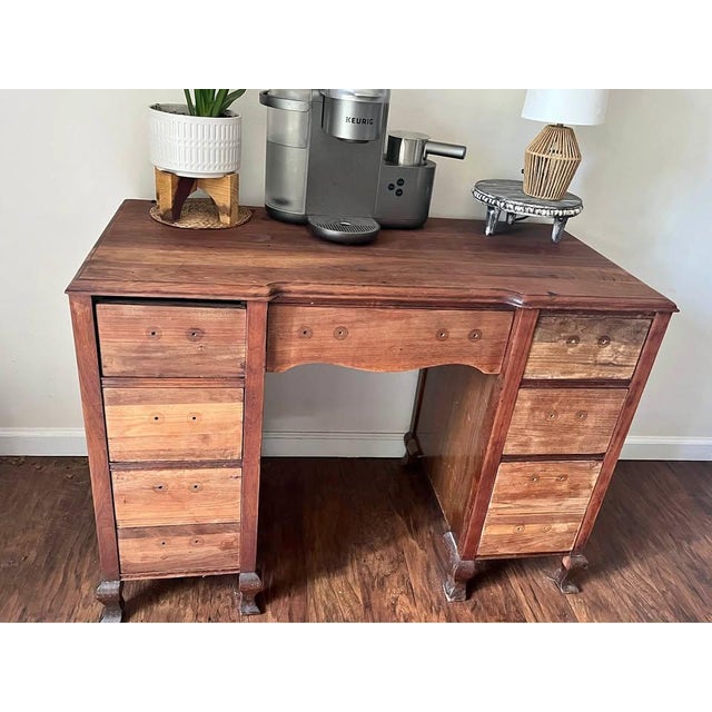 Brown Pair of Refinished Vintage Pieces — Reimagined as Nightstands | Walnut & Deep Green With Brass Hairpin Legs For Sale - Image 8 of 8
