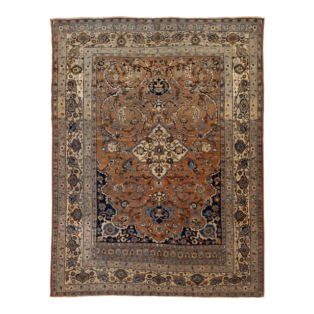 1900s Brown Antique Tabriz Handmade Medallion Designed Persian Wool Rug For Sale