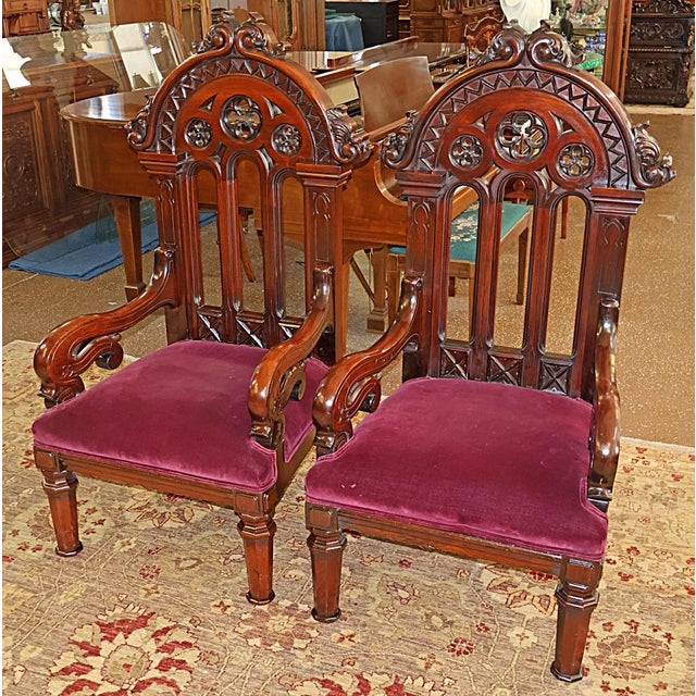 Late 19th Century Pair of 19th Century American Gothic Mahogany Arm Chairs For Sale - Image 5 of 10