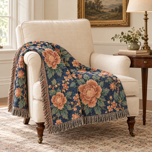 Not Yet Made - Made To Order Navy and Terracotta Floral Woven Throw Blanket – 60 × 50 For Sale - Image 5 of 6