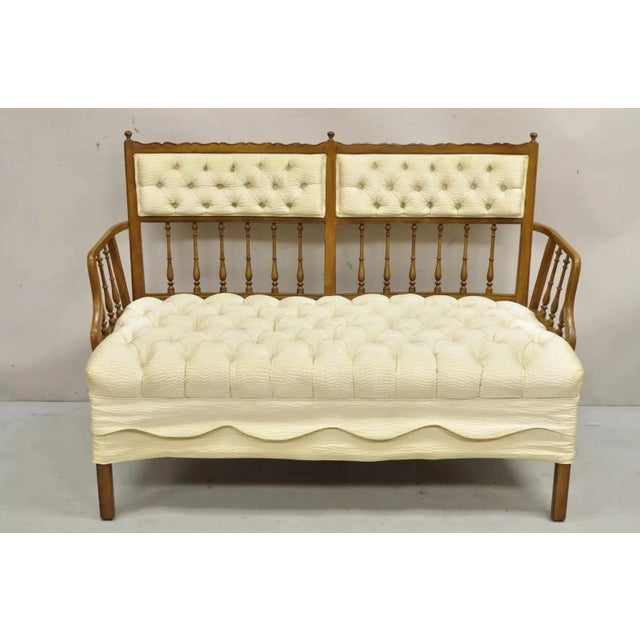 Vintage French Country Style Carved Wood Spindle Upholstered Settee Sofa. Circa Mid 20th Century. Measurements: 36" H x...