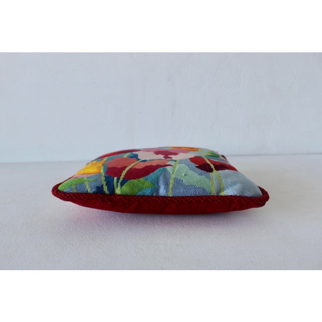 Alice Peterson Style Poppies Needlepoint Tapestry Vibrant Square Pillow Vintage For Sale - Image 9 of 14