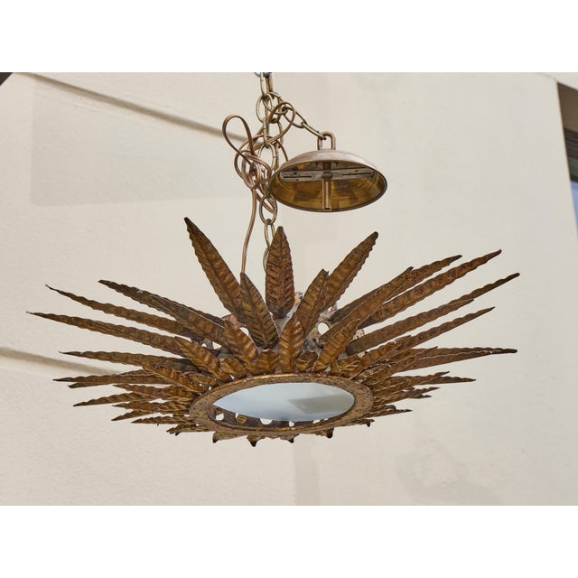 Mid 20th Century Spanish Gilt Metal Sunburst Chandelier with Frosted Glass For Sale In Atlanta - Image 6 of 11