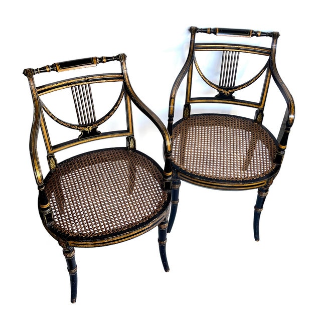 Pair English Regency Ebonized and Parcel-Gilt Armchairs With Caned Seat For Sale - Image 10 of 13