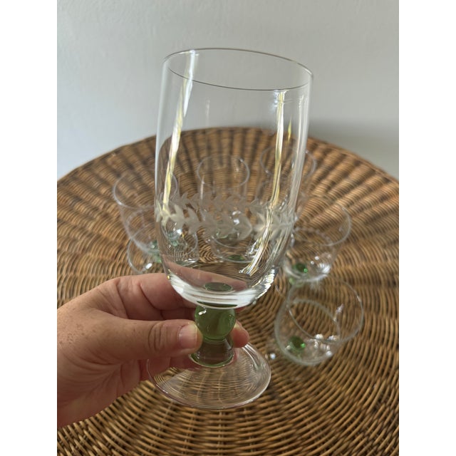 Set of 8 Portmeirion “Options” Etched Water Glasses With Green Glass Accent For Sale - Image 4 of 5