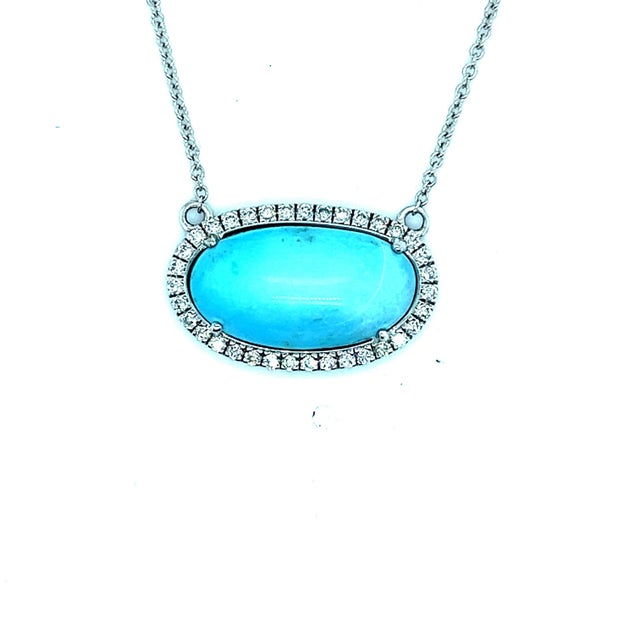 2010s Persian Turquoise Diamond Halo Pendant with Chain 14k WG 8.1 TCW Certified For Sale - Image 5 of 7