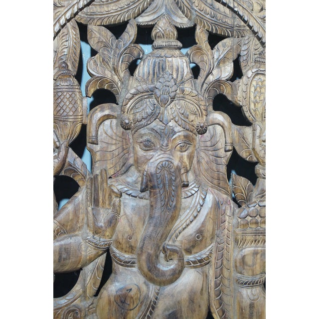 1920s Antique Hand-Carved Wooden Standing Ganesha Wall Panel | Indian Temple Architectural Sculpture 72x35 For Sale - Image 5 of 6