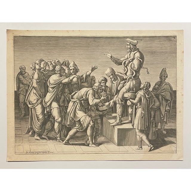"The Snake Charmer" or "The Charlatan" 18th century copper plate engraving after a 16th century engraving by Giulio Romano...