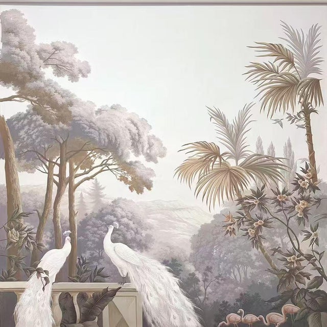 1: Commodity: Hand-painted French Retro Tropical Garden White Peacock Wall Mural 2: Handicrafts: 100% handmade and hand-...