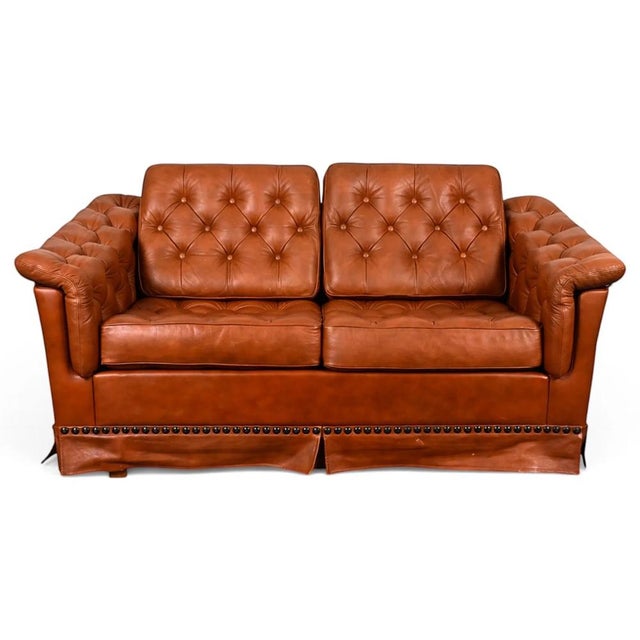 Mid-Century Modern Danish Chesterfield Leather Loveseat Sofa For Sale - Image 3 of 10
