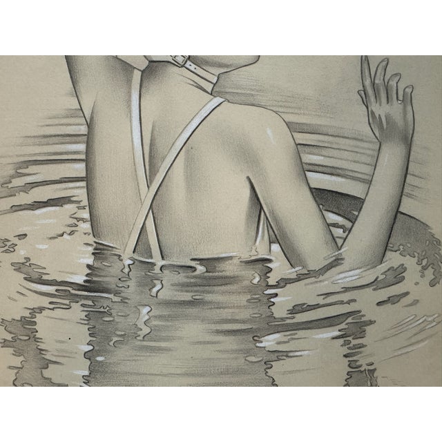 Illustration 1940s Original Signed Graphite Illustration of Art Deco Swimmer in Water, 14 X 10 In. For Sale - Image 3 of 6