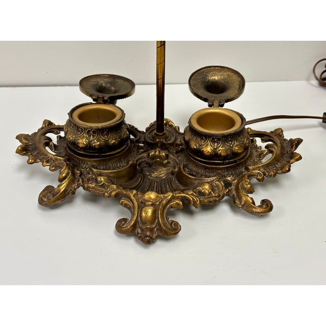 Victorian Antique Victorian Brass Gooseneck Two Inkwell Desk Lamp For Sale - Image 3 of 13