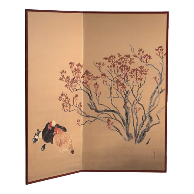 Antique Japanese Two-Panel Screen on Gold Ground, 1920 For Sale