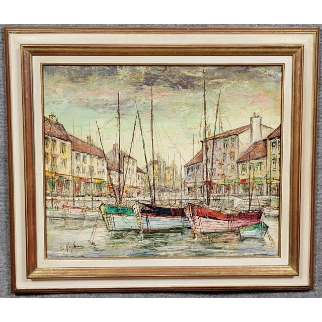 Boats, 1920, Oil Painting on Canvas, Framed, in Good conditions. Designed 1920 to 1949
