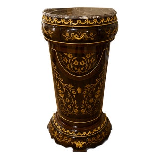 French Louis XV Pedestal Stand – Marble Top, Hand-Painted Details & Gold Leaf Accents For Sale