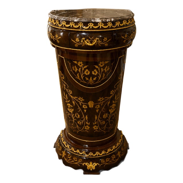 French Louis XV Pedestal Stand – Marble Top, Hand-Painted Details & Gold Leaf Accents For Sale