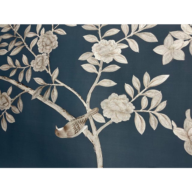 Navy Blue Chinoiserie Floral Mural | 6-Panel Hand-Painted Wallpaper For Sale - Image 6 of 6