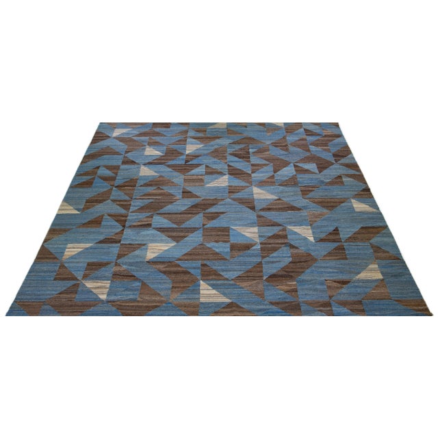 Contemporary 2020s Blue Oversize Kilim Wool Rug Flatweave With a Modern Abstract Design For Sale - Image 3 of 7