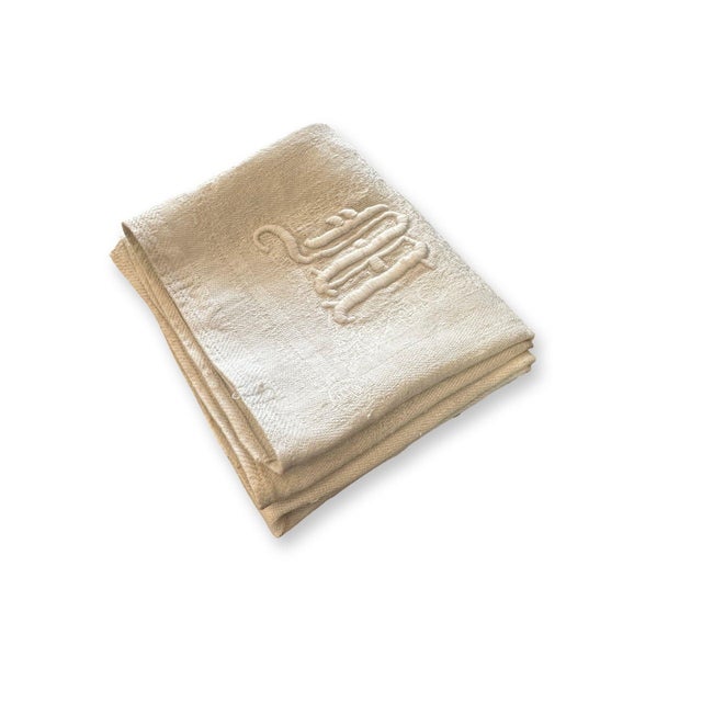 2000 - 2009 Antique French Linen Bath Towel Monogram M Oversized Damask Linen Towel 19th Century For Sale - Image 5 of 12