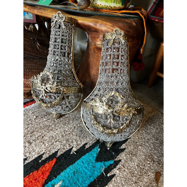 1970s Small Gold French Basket Crystal Sconces - a Pair For Sale In Atlanta - Image 6 of 6