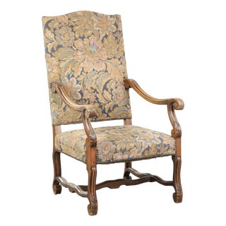 Antique Oak Armchair with Floral Upholstery For Sale
