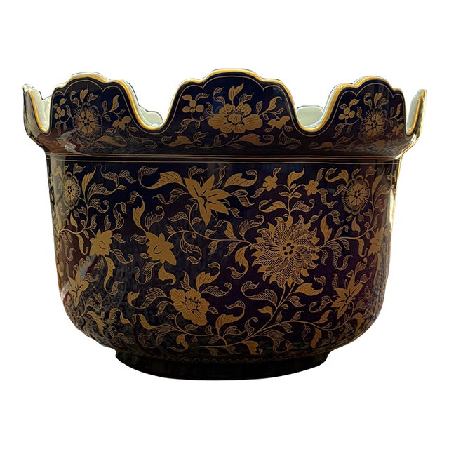 Vintage Blue and Gold Mottahedah Planter For Sale