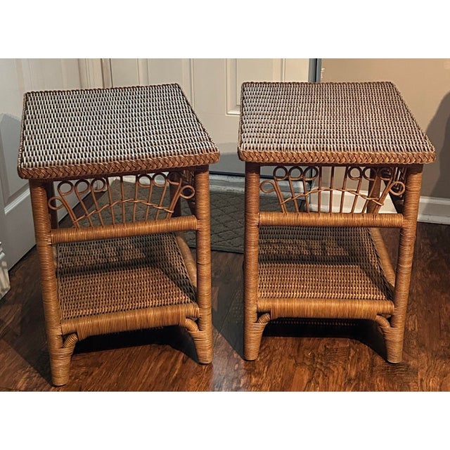 Tan A Pair of Vintage Coastal-Style Wicker and Rattan End Tables by Pacific Traders and Manufacturing Corporation PTMC in the Philippines. For Sale - Image 8 of 12