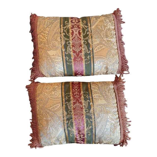 Pair Croscill Paisley Fringe Lumbar Pillows-Burgundy Gold-Traditional-Vintage For Sale