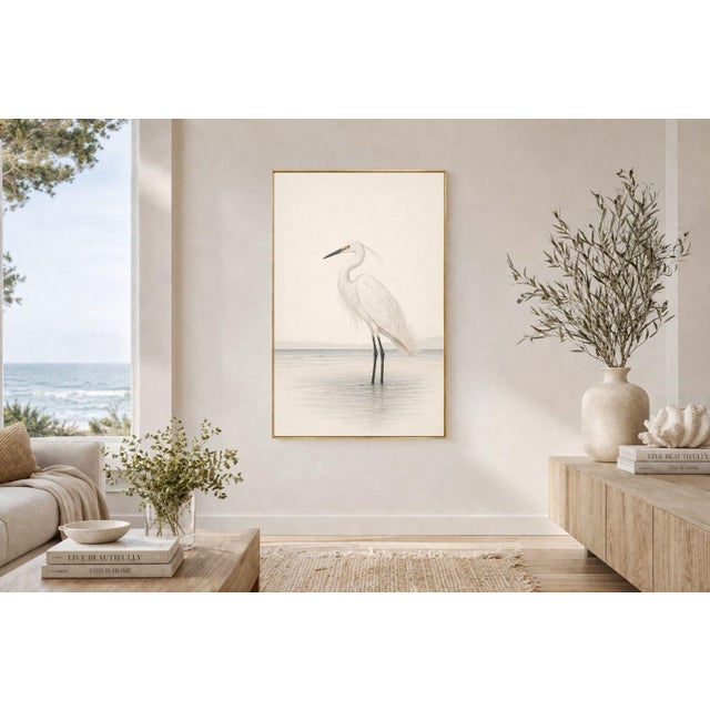 White Egret Coastal Study, Neutral Bird Wall Art Print, 24″ × 36″ Reproduction For Sale - Image 4 of 10