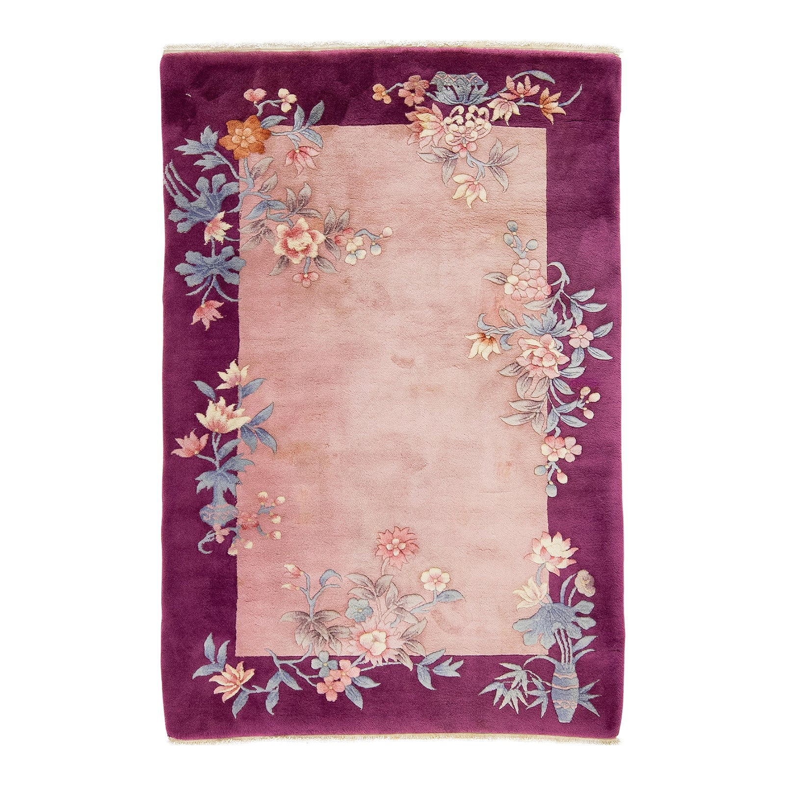 4 X 6 Antique Chinese Art Deco Pink Wool Rug With Floral Design | Chairish
